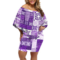 Hawaiian Quilt Family Matching Off Shoulder Short Dress and Hawaiian Shirt Tiki Tropical Retro Purple Version - Wonder Print Shop