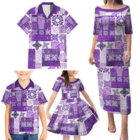 Hawaiian Quilt Family Matching Puletasi Dress and Hawaiian Shirt Tiki Tropical Retro Purple Version - Wonder Print Shop