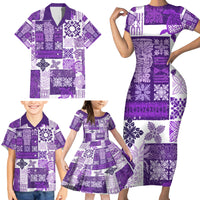 Hawaiian Quilt Family Matching Short Sleeve Bodycon Dress and Hawaiian Shirt Tiki Tropical Retro Purple Version - Wonder Print Shop