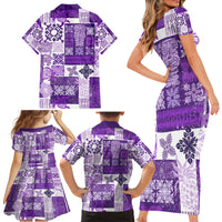 Hawaiian Quilt Family Matching Short Sleeve Bodycon Dress and Hawaiian Shirt Tiki Tropical Retro Purple Version - Wonder Print Shop