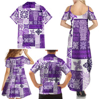 Hawaiian Quilt Family Matching Summer Maxi Dress and Hawaiian Shirt Tiki Tropical Retro Purple Version - Wonder Print Shop