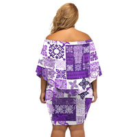 Hawaiian Quilt Off Shoulder Short Dress Tiki Tropical Retro Purple Version - Wonder Print Shop