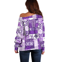Hawaiian Quilt Off Shoulder Sweater Tiki Tropical Retro Purple Version - Wonder Print Shop