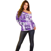 Hawaiian Quilt Off Shoulder Sweater Tiki Tropical Retro Purple Version - Wonder Print Shop