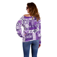 Hawaiian Quilt Off Shoulder Sweater Tiki Tropical Retro Purple Version - Wonder Print Shop
