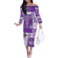 Hawaiian Quilt Off The Shoulder Long Sleeve Dress Tiki Tropical Retro Purple Version - Wonder Print Shop