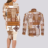 Hawaiian Quilt Couples Matching Long Sleeve Bodycon Dress and Long Sleeve Button Shirt Tiki Tropical Retro Brown Version - Wonder Print Shop