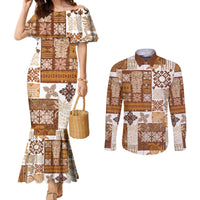 hawaiian-quilt-couples-matching-mermaid-dress-and-long-sleeve-button-shirt-tiki-tropical-retro-brown-version