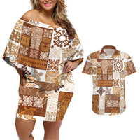 Hawaiian Quilt Couples Matching Off Shoulder Short Dress and Hawaiian Shirt Tiki Tropical Retro Brown Version - Wonder Print Shop