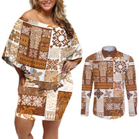 Hawaiian Quilt Couples Matching Off Shoulder Short Dress and Long Sleeve Button Shirt Tiki Tropical Retro Brown Version - Wonder Print Shop