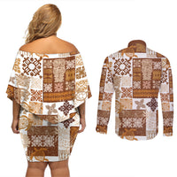 Hawaiian Quilt Couples Matching Off Shoulder Short Dress and Long Sleeve Button Shirt Tiki Tropical Retro Brown Version - Wonder Print Shop