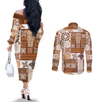 hawaiian-quilt-couples-matching-off-the-shoulder-long-sleeve-dress-and-long-sleeve-button-shirt-tiki-tropical-retro-brown-version