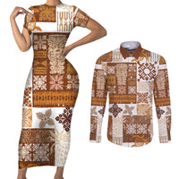 Hawaiian Quilt Couples Matching Short Sleeve Bodycon Dress and Long Sleeve Button Shirt Tiki Tropical Retro Brown Version - Wonder Print Shop