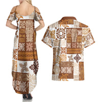 Hawaiian Quilt Couples Matching Summer Maxi Dress and Hawaiian Shirt Tiki Tropical Retro Brown Version - Wonder Print Shop