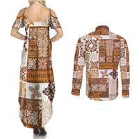 Hawaiian Quilt Couples Matching Summer Maxi Dress and Long Sleeve Button Shirt Tiki Tropical Retro Brown Version - Wonder Print Shop
