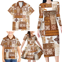 Hawaiian Quilt Family Matching Long Sleeve Bodycon Dress and Hawaiian Shirt Tiki Tropical Retro Brown Version - Wonder Print Shop