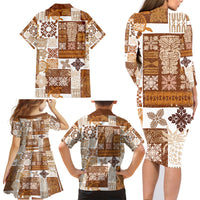 Hawaiian Quilt Family Matching Long Sleeve Bodycon Dress and Hawaiian Shirt Tiki Tropical Retro Brown Version - Wonder Print Shop