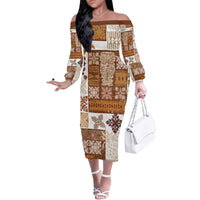 Hawaiian Quilt Family Matching Off Shoulder Long Sleeve Dress and Hawaiian Shirt Tiki Tropical Retro Brown Version - Wonder Print Shop