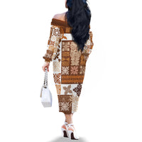 Hawaiian Quilt Family Matching Off Shoulder Long Sleeve Dress and Hawaiian Shirt Tiki Tropical Retro Brown Version - Wonder Print Shop