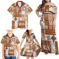 Hawaiian Quilt Family Matching Off Shoulder Maxi Dress and Hawaiian Shirt Tiki Tropical Retro Brown Version - Wonder Print Shop