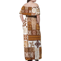 Hawaiian Quilt Family Matching Off Shoulder Maxi Dress and Hawaiian Shirt Tiki Tropical Retro Brown Version - Wonder Print Shop