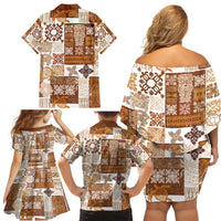 Hawaiian Quilt Family Matching Off Shoulder Short Dress and Hawaiian Shirt Tiki Tropical Retro Brown Version - Wonder Print Shop