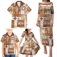Hawaiian Quilt Family Matching Puletasi Dress and Hawaiian Shirt Tiki Tropical Retro Brown Version - Wonder Print Shop