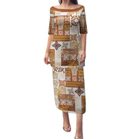 Hawaiian Quilt Family Matching Puletasi Dress and Hawaiian Shirt Tiki Tropical Retro Brown Version - Wonder Print Shop