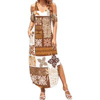 Hawaiian Quilt Family Matching Summer Maxi Dress and Hawaiian Shirt Tiki Tropical Retro Brown Version - Wonder Print Shop