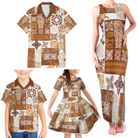 Hawaiian Quilt Family Matching Tank Maxi Dress and Hawaiian Shirt Tiki Tropical Retro Brown Version - Wonder Print Shop
