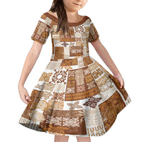 Hawaiian Quilt Kid Short Sleeve Dress Tiki Tropical Retro Brown Version - Wonder Print Shop