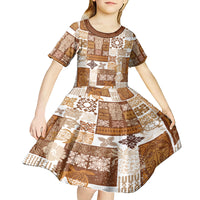 Hawaiian Quilt Kid Short Sleeve Dress Tiki Tropical Retro Brown Version - Wonder Print Shop