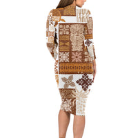 Hawaiian Quilt Long Sleeve Bodycon Dress Tiki Tropical Retro Brown Version - Wonder Print Shop