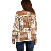 Hawaiian Quilt Off Shoulder Sweater Tiki Tropical Retro Brown Version - Wonder Print Shop
