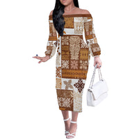 Hawaiian Quilt Off The Shoulder Long Sleeve Dress Tiki Tropical Retro Brown Version - Wonder Print Shop