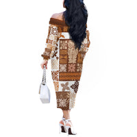 Hawaiian Quilt Off The Shoulder Long Sleeve Dress Tiki Tropical Retro Brown Version - Wonder Print Shop