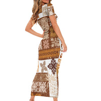 Hawaiian Quilt Short Sleeve Bodycon Dress Tiki Tropical Retro Brown Version - Wonder Print Shop