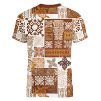 Hawaiian Quilt Women V Neck T Shirt Tiki Tropical Retro Brown Version - Wonder Print Shop