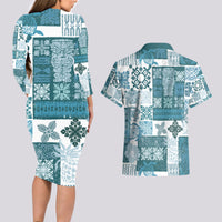 Hawaiian Quilt Couples Matching Long Sleeve Bodycon Dress and Hawaiian Shirt Tiki Tropical Retro Dark Cyan Version - Wonder Print Shop