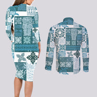 Hawaiian Quilt Couples Matching Long Sleeve Bodycon Dress and Long Sleeve Button Shirt Tiki Tropical Retro Dark Cyan Version - Wonder Print Shop