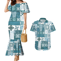 Hawaiian Quilt Couples Matching Mermaid Dress and Hawaiian Shirt Tiki Tropical Retro Dark Cyan Version - Wonder Print Shop