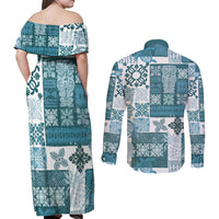 Hawaiian Quilt Couples Matching Off Shoulder Maxi Dress and Long Sleeve Button Shirt Tiki Tropical Retro Dark Cyan Version - Wonder Print Shop