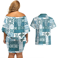 Hawaiian Quilt Couples Matching Off Shoulder Short Dress and Hawaiian Shirt Tiki Tropical Retro Dark Cyan Version - Wonder Print Shop