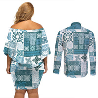 Hawaiian Quilt Couples Matching Off Shoulder Short Dress and Long Sleeve Button Shirt Tiki Tropical Retro Dark Cyan Version - Wonder Print Shop