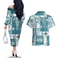 Hawaiian Quilt Couples Matching Off The Shoulder Long Sleeve Dress and Hawaiian Shirt Tiki Tropical Retro Dark Cyan Version - Wonder Print Shop