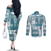 hawaiian-quilt-couples-matching-off-the-shoulder-long-sleeve-dress-and-long-sleeve-button-shirt-tiki-tropical-retro-dark-cyan-version