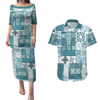 Hawaiian Quilt Couples Matching Puletasi Dress and Hawaiian Shirt Tiki Tropical Retro Dark Cyan Version - Wonder Print Shop