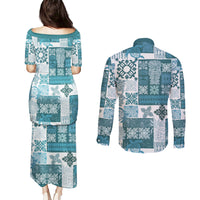 Hawaiian Quilt Couples Matching Puletasi Dress and Long Sleeve Button Shirt Tiki Tropical Retro Dark Cyan Version - Wonder Print Shop