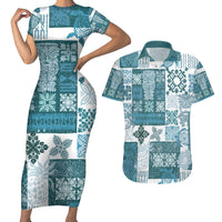 Hawaiian Quilt Couples Matching Short Sleeve Bodycon Dress and Hawaiian Shirt Tiki Tropical Retro Dark Cyan Version - Wonder Print Shop