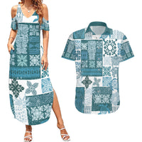Hawaiian Quilt Couples Matching Summer Maxi Dress and Hawaiian Shirt Tiki Tropical Retro Dark Cyan Version - Wonder Print Shop